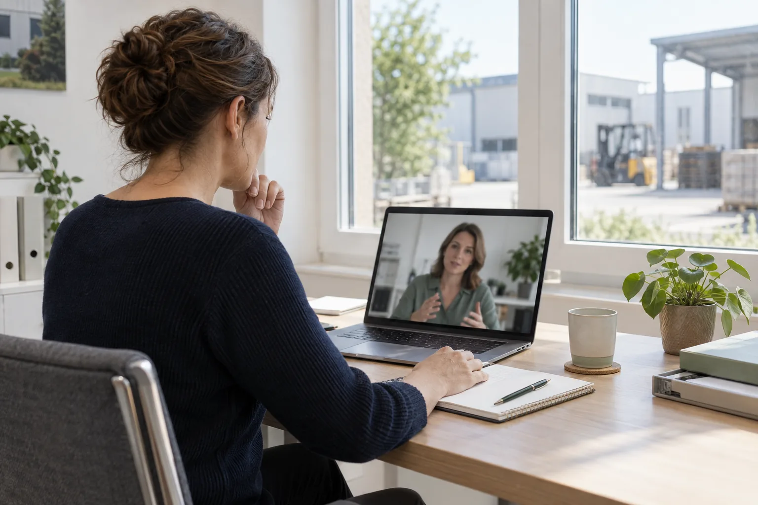 Illustrierte Szene einer digitalen Fachberatung am Laptop