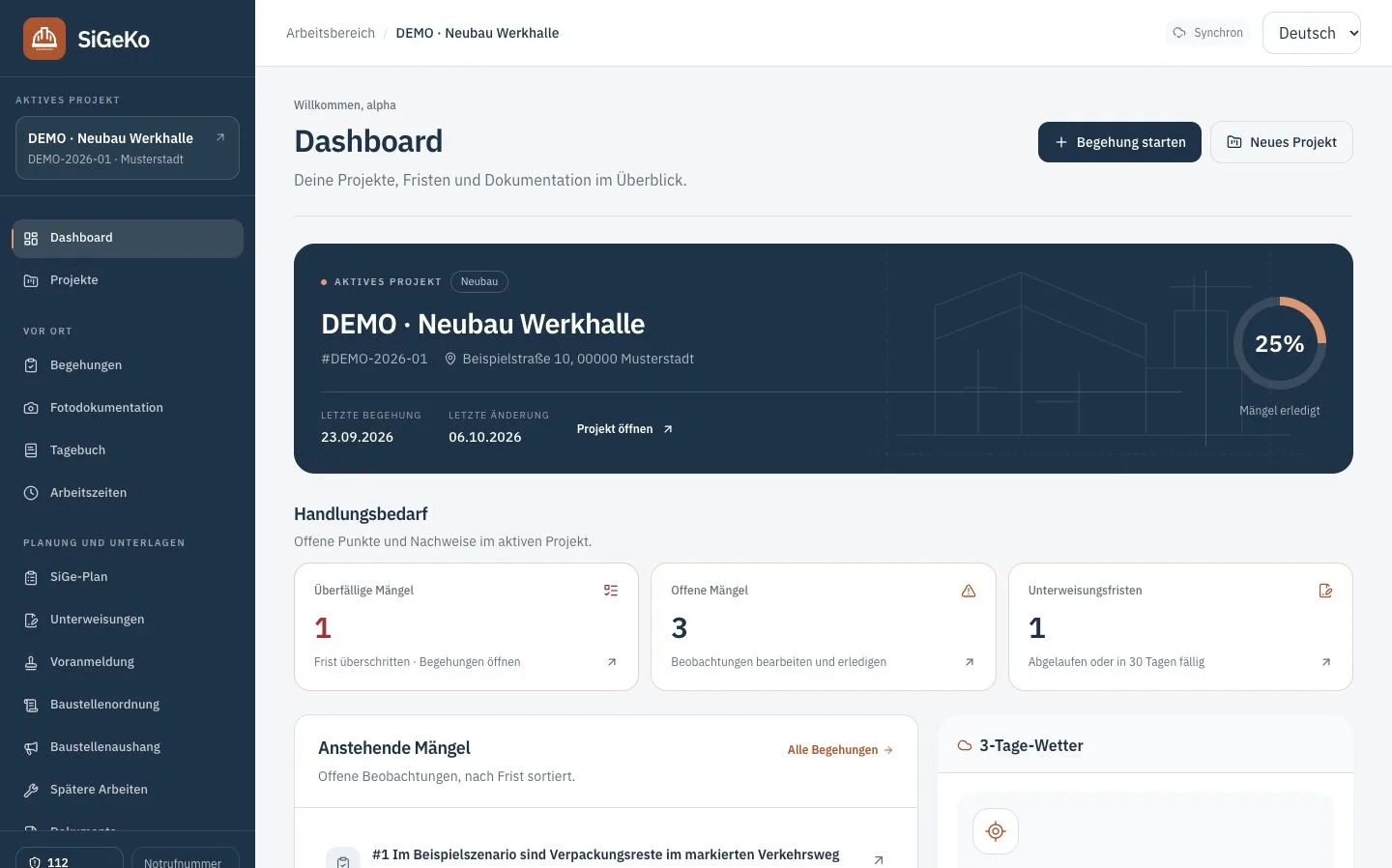 SiGeKo-Dashboard mit dem fiktiven Projekt DEMO Neubau Werkhalle und synthetischen Demodaten